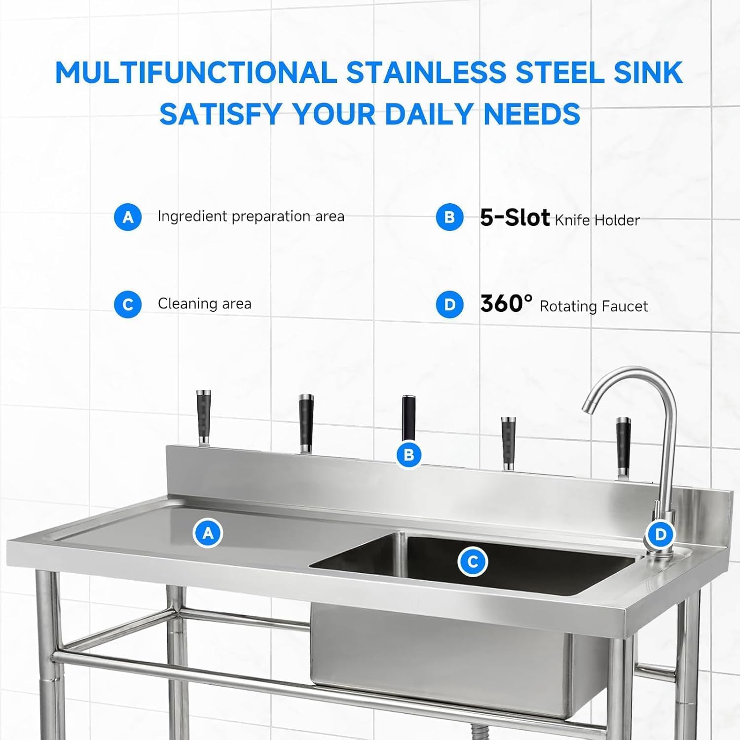 47x20x37 Inch Commercial Stainless Steel Utility basin - Single Compartment with Faucet & Base Frame, Adjustable Legs & Storage Shelf, Freestanding Prep basin for Kitchen or Garage