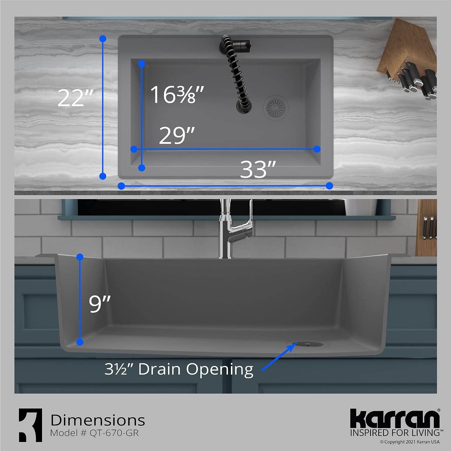 Karran QT-670 Drop-In/Top Mount 33' Single Bowl Granite Quartz Composite Kitchen Sink in Grey, Right Side Drain, Extra Deep 9' Basin, Heat & Scratch Resistant, Sound Dampening