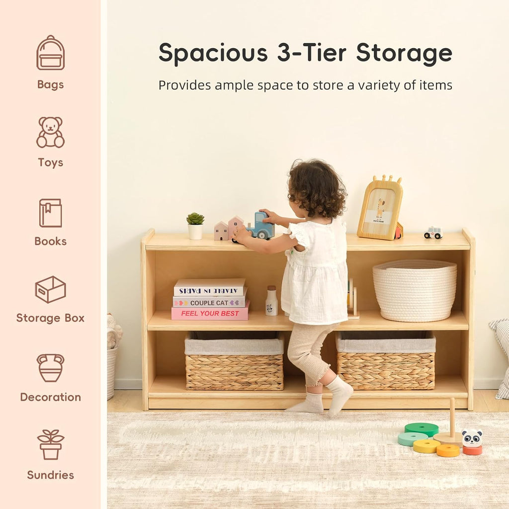 OOOK 2-Shelf Montessori Shelf Toy Organizers and Storage for Kids, 3-Section Wooden Storage Cabinet Shelves for Classroom, Kindergarten, Kids Room, Playroom