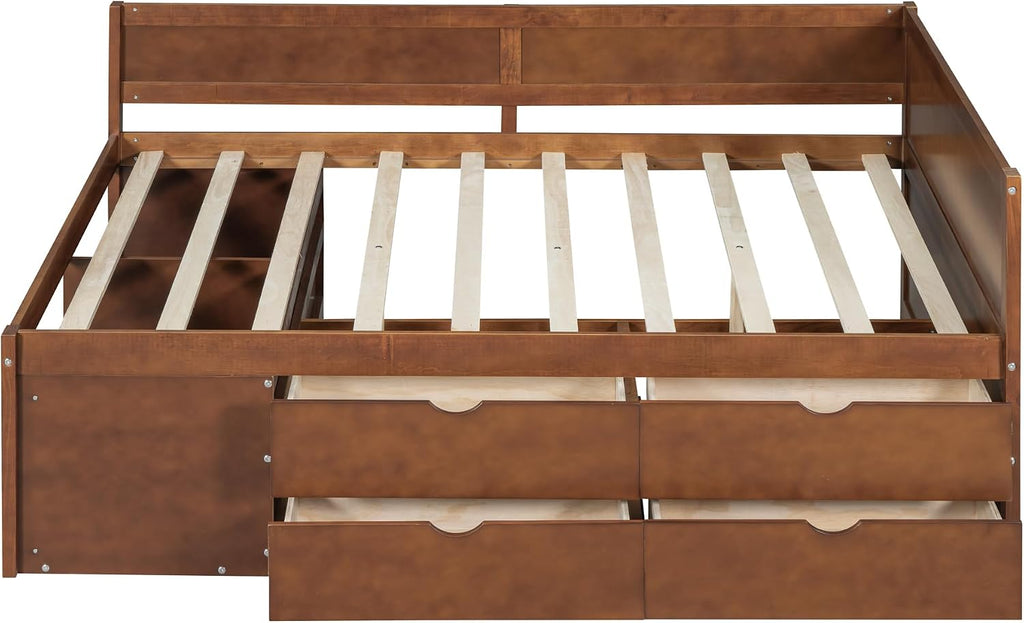 Harper & Bright Designs Wood Corner Daybed with Storage Shelves and 4 Drawers,Full Size Floor Storage Platform Bed Frame with L Shape Heaboard for Bedroom Nook,No Box Spring Needed,Walnut