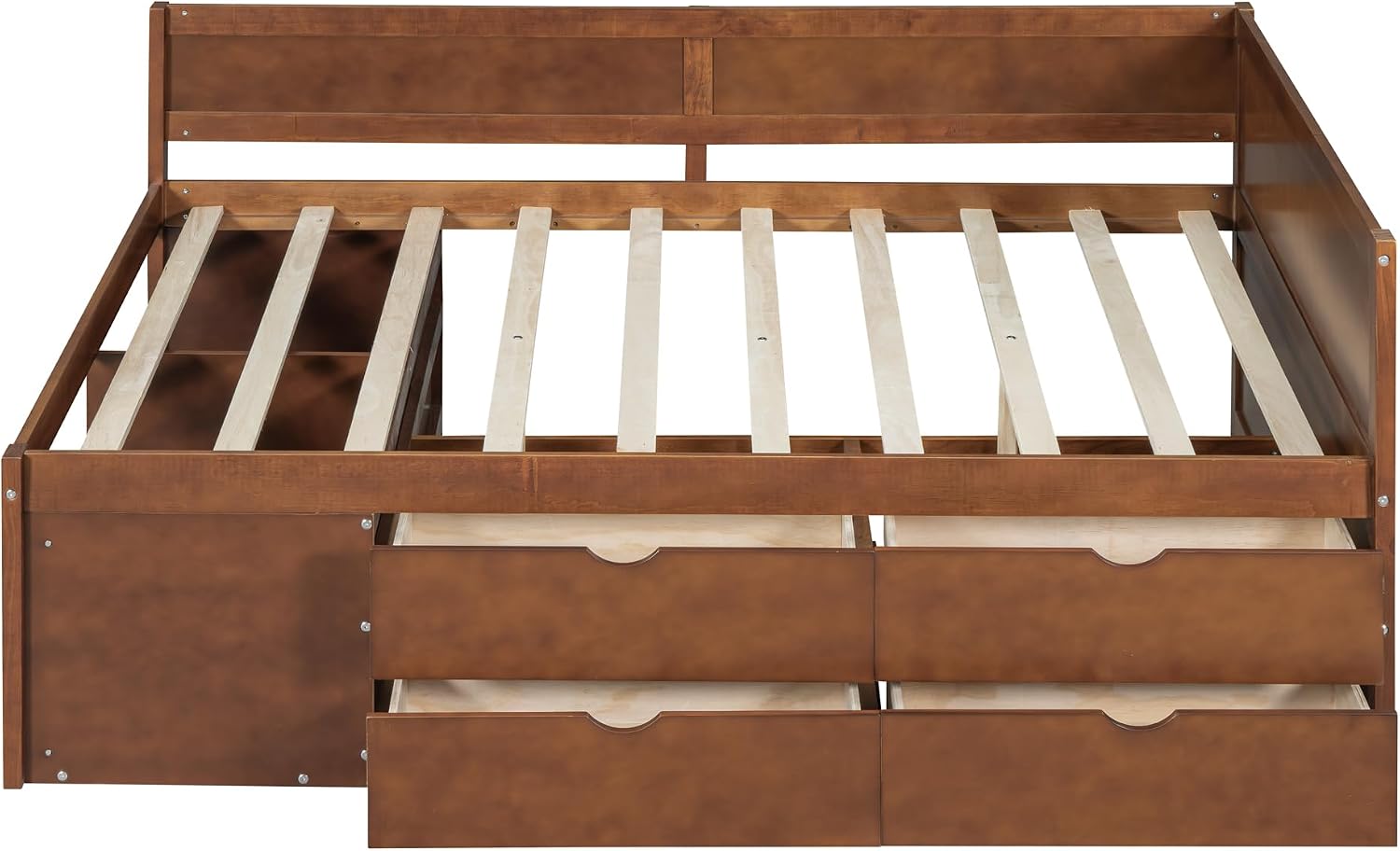 Harper & Bright Designs Wood Corner Daybed with Storage Shelves and 4 Drawers,Full Size Floor Storage Platform Bed Frame with L Shape Heaboard for Bedroom Nook,No Box Spring Needed,Walnut