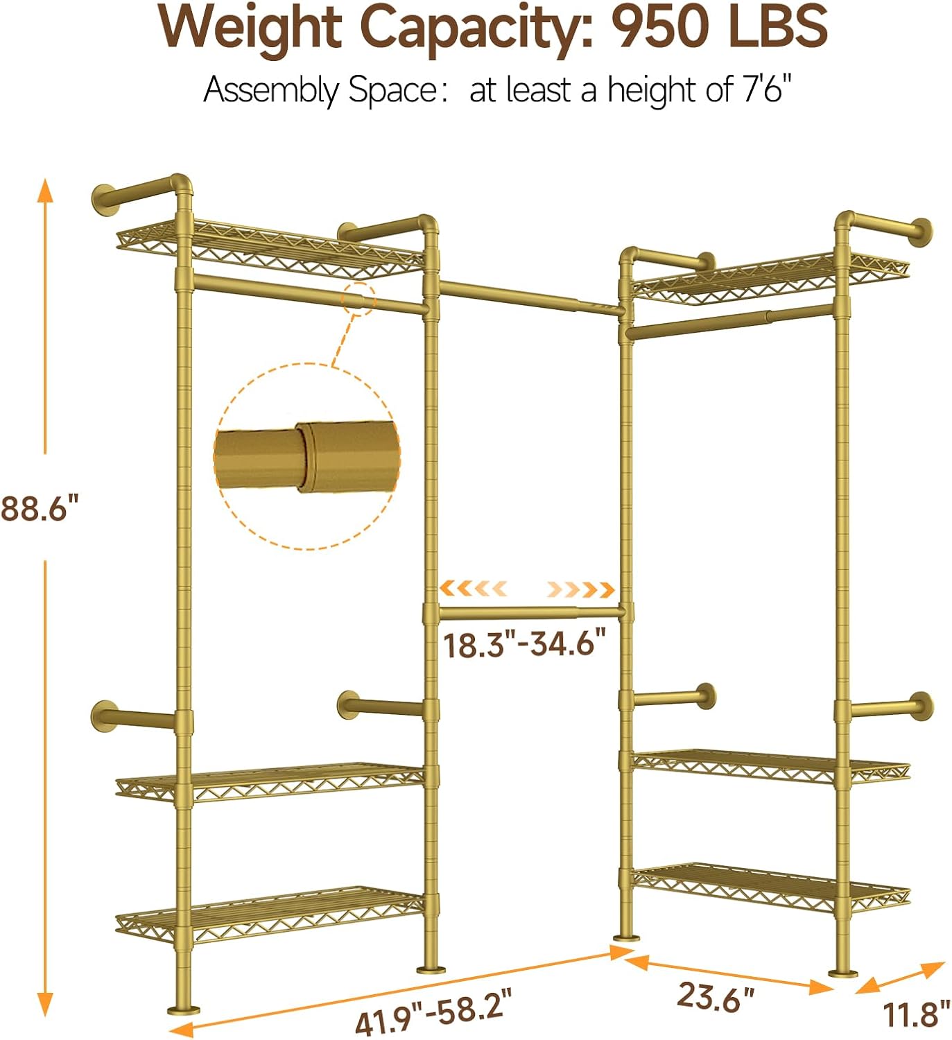 ONBRILL L3 Wall Mounted Industrial Pipe Closet System, Corner Closet Organizers with 4 Telescopic Rods & 6 Shelves, Heavy Duty Clothing Clothes Rack in Wardrobe Closet (Gold)