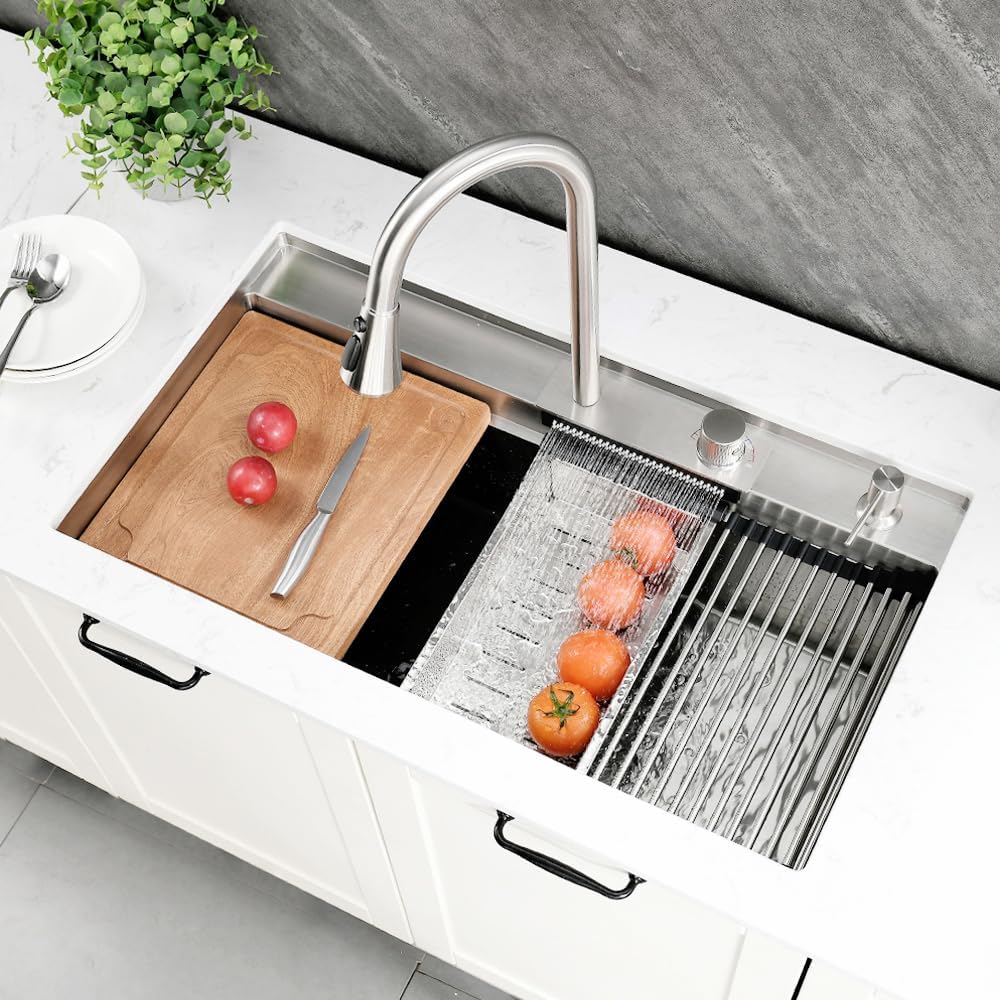 33 Inch Undermount Waterfall Kitchen Sink, 33x19 Undermount Kitchen Sink Stainless Steel Kitchen Sink with Faucet 16 Gauge Single Bowl Multifunctional Kitchen Sink