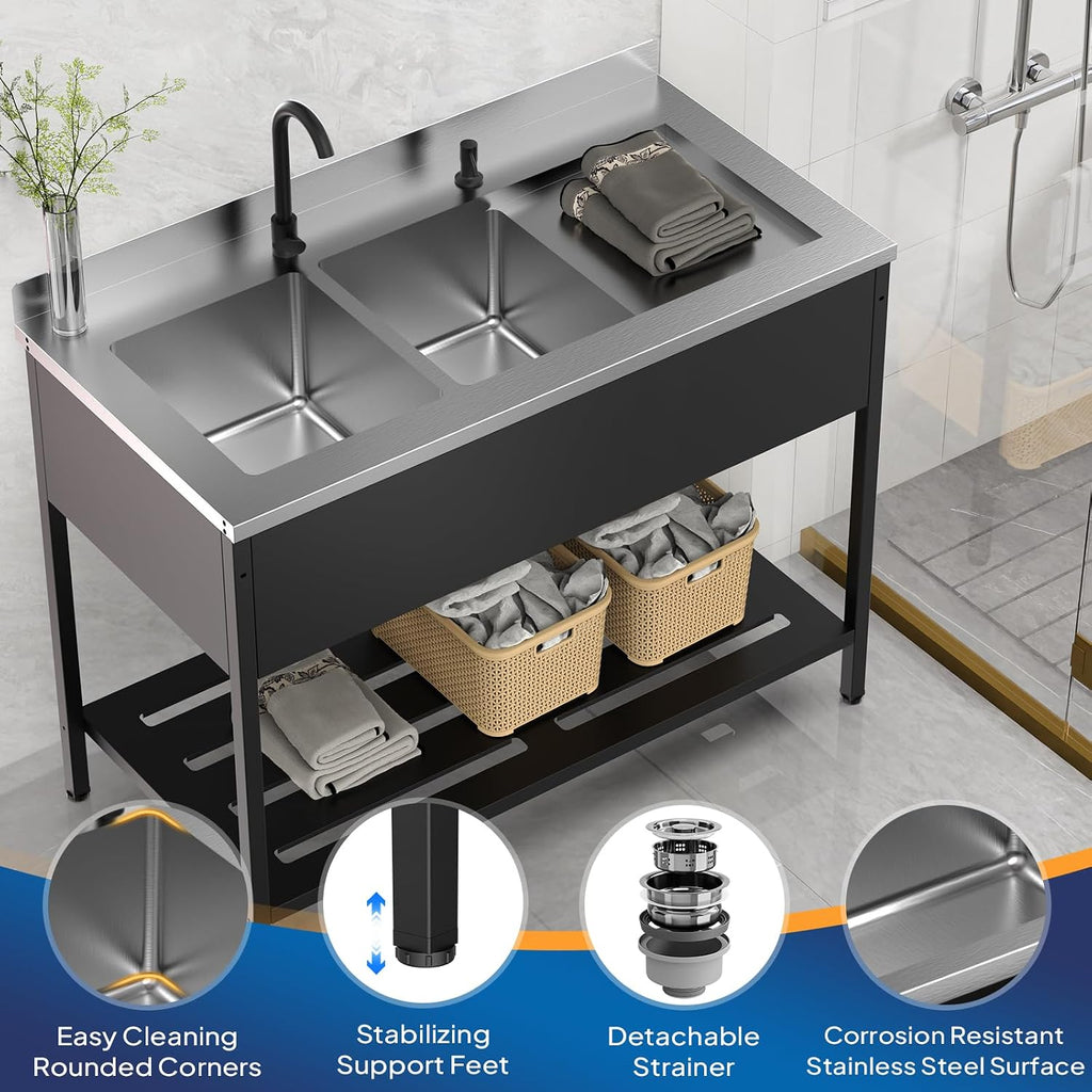 ROVSUN Black Electroplated Stainless Steel Double Bowl Utility Sink, 24'D x 47.5'W x 38.9'H, Heavy-Duty Freestanding Prep & Cleaning Sink with Faucet for Restaurant, Kitchen, Laundry, and Garage Use