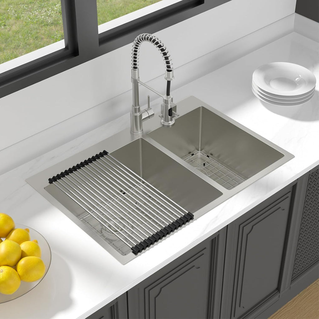 Lordear 33 Double Bowl Kitchen Sink Drop In Kitchen Sink 33X22 Inch Topmount Kitchen Sinks 60/40 16 Gauge Stainless Steel Over Counter Handmade Sinks
