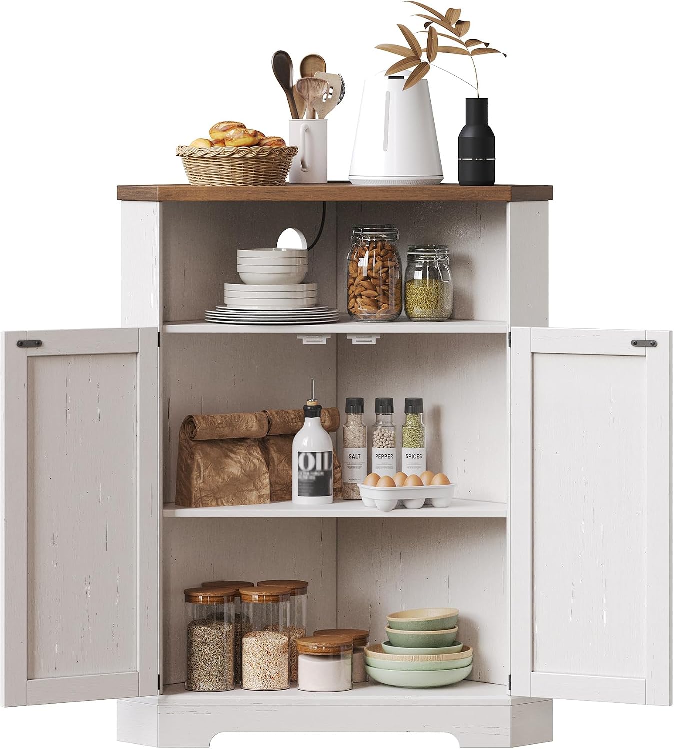 Vabches Farmhouse Corner Cabinet with Charging Station,Small Corner Storage Cabinet with Barn Doors and Adjustable Shelves for Living Room,Bathroom,and Kitchen