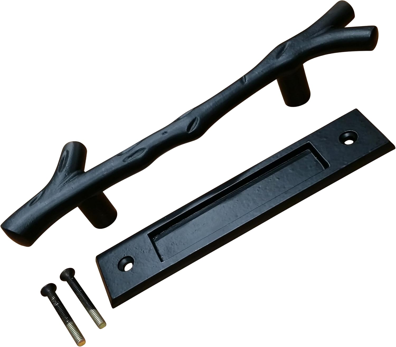 Wild West Hardware Large Tree Branch Barn Door Handle and Matching Smooth Flush Pull - Black Powder Coat Finish - Set
