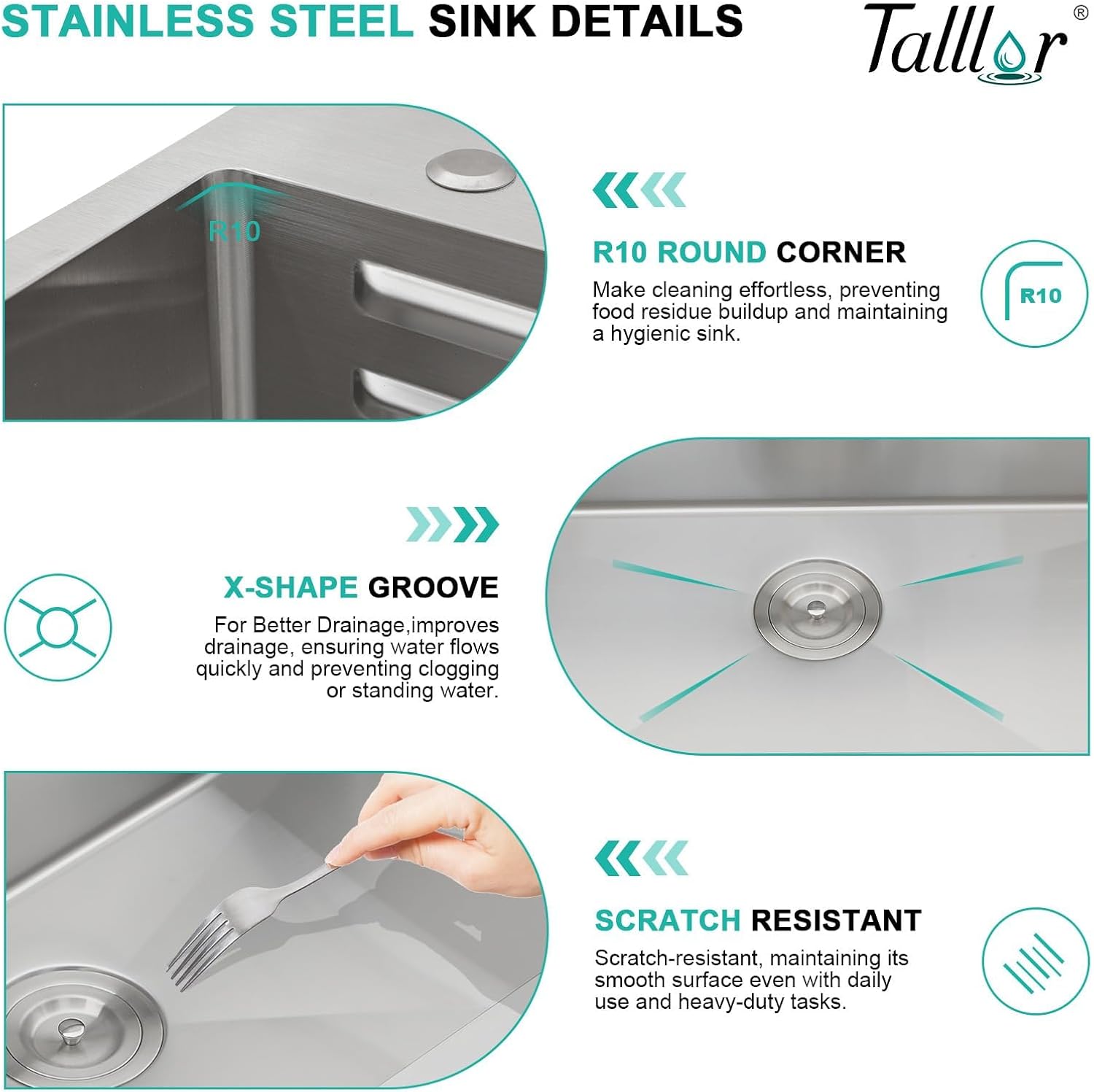 33x22 Drop In Stainless Steel Kitchen Sink with Faucet, Single Bowl Topmount Sink 16 Gauge, Waterfall Feature & Cup Washer, Workstation Accessories for Residential Kitchen #TLWF-0002