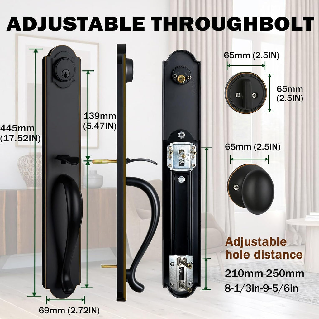 Double Door Handle Set for Front Door, Oil Rubbed Bronze Keyed&Dummy Exterior Door Lockset with Deadbolt, Reversible for Right&Left Handed