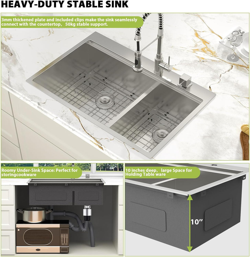 Drop In Kitchen Sink 33 Inch Workstation Double Bowl 60/40 Kitchen Sink With Lower Divider Large 304 Stainless Steel 16 Gauge Above Counter Topmount 33x22x10 Kitchen Sinks