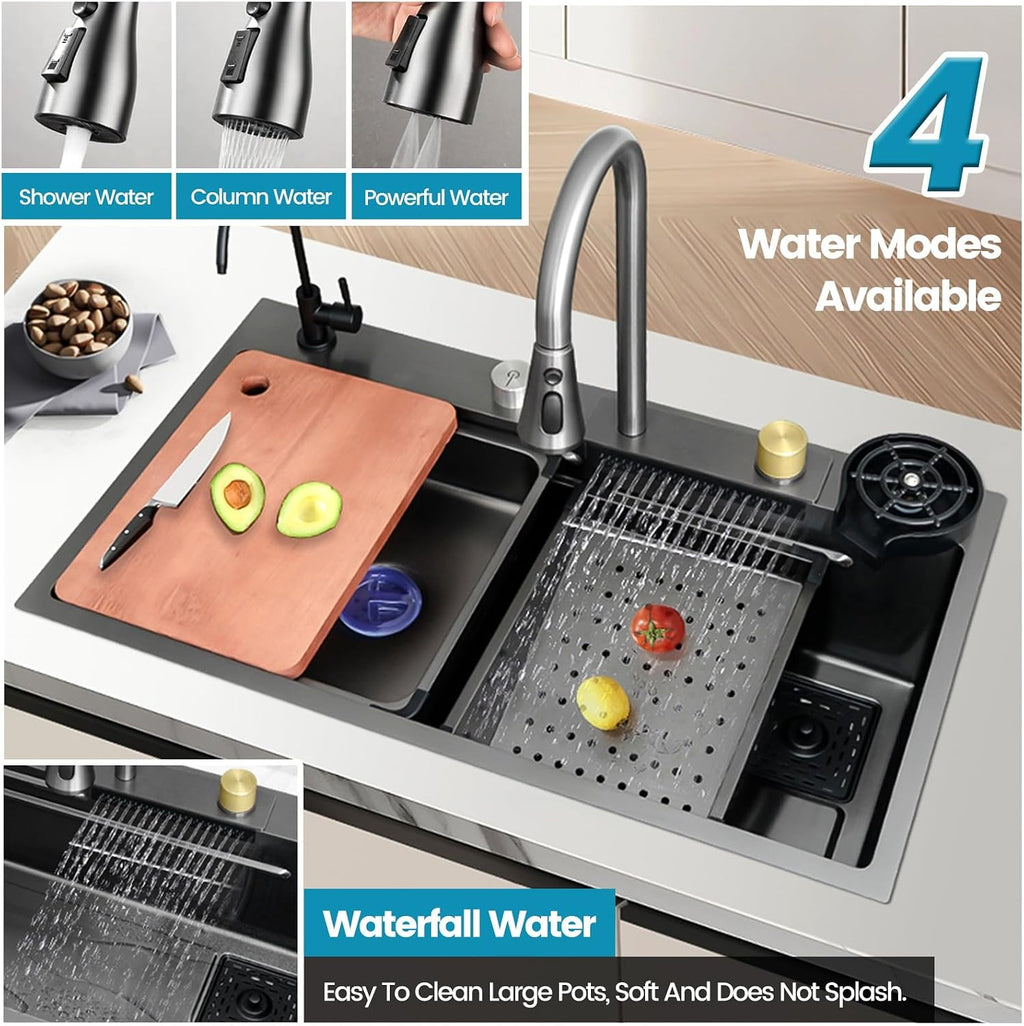 Gold Stainless Steel Single Bowl Kitchen Sink With Drainer, Drop In/Undermount Large Workstation Sink, Includes Pull Out Faucet, Cup Washer, Basin, Drain Basket, Full Waste Kit(Black,65x50x22cm)