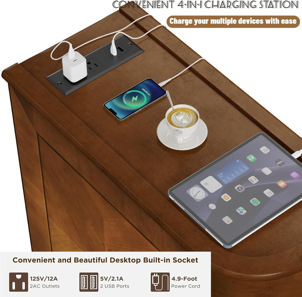 Narrow End Table with Charging Station, Wood Side Table with Drawers for Small Spaces, Long Nightstand with Storage, Slim Bedside Cabinet for Living Room/Bedroom/Corner, Fully Assembled, Walnut