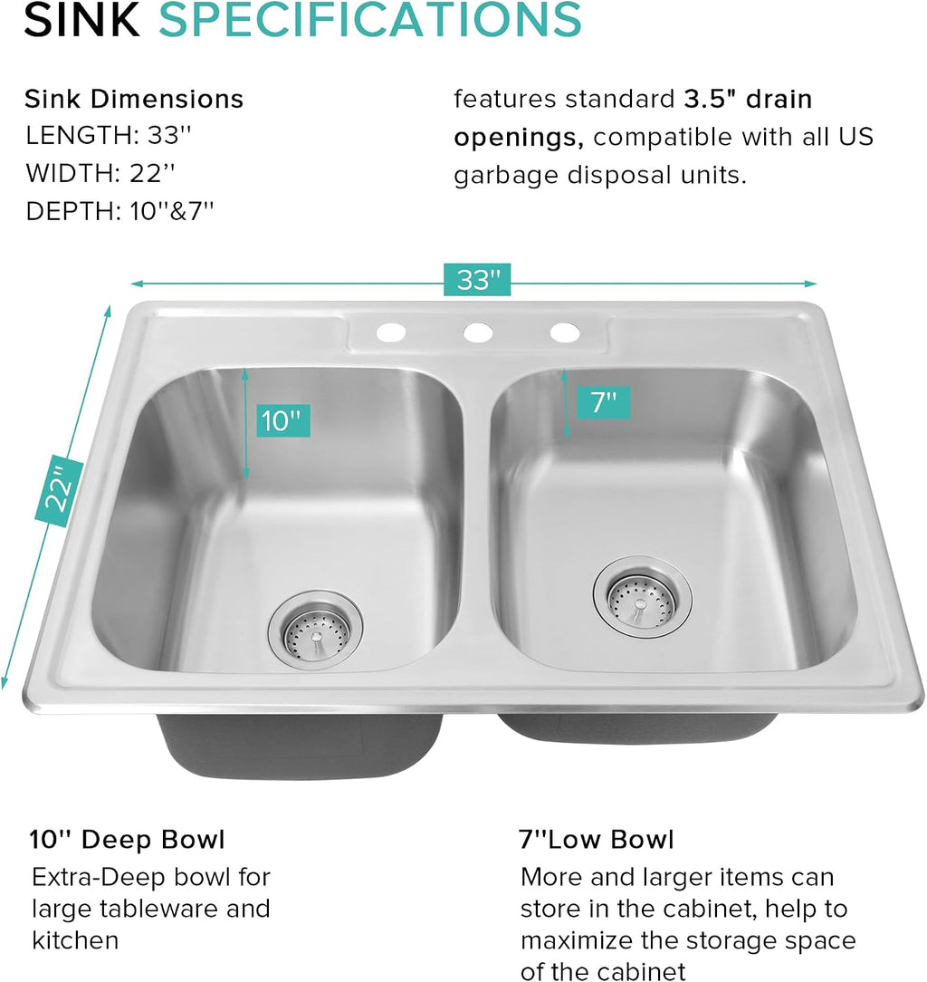 Rhbamoa 33''x22'' Drop In Kitchen Sink,T304 Stainless Steel Sink,50/50 Double Bowl Kitchen Sinks 33 Inch,10'' & 7'' Deep Top Mount Double sinks with 3 Faucet Holes