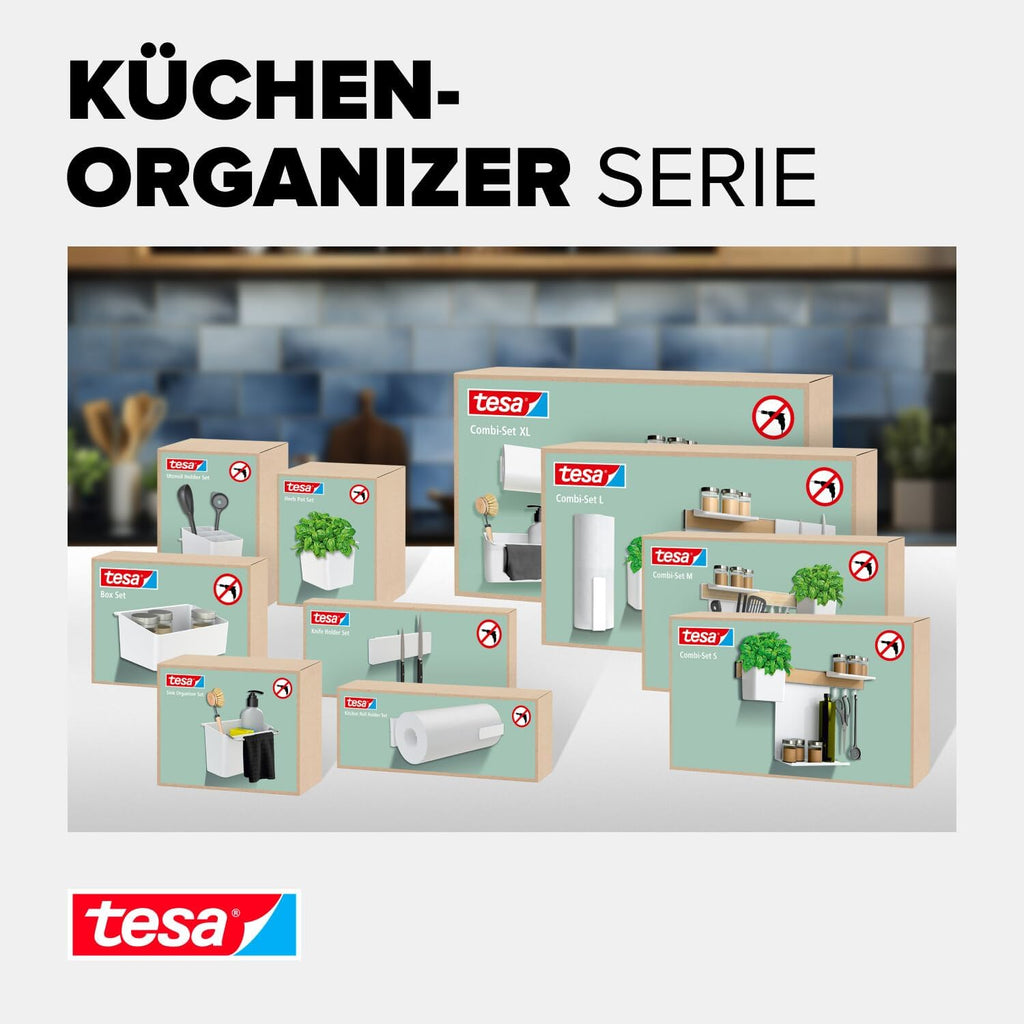 tesa Kitchen Organiser Combo Set XL - Self-Adhesive Kitchen Rail System, Herb Pot, 2 Shelves, Dishwasher Organiser, Knife and Kitchen Roll Holder, Hook Rail with 3 Hooks - Drill-Free - Bamboo/White
