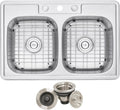CozyBlock 33 x 22 x 9 Inch 50/50 Top-mount/Drop-in Stainless Steel Double Bowl Kitchen Sink with Strainer and Protective Bottom Grid - 18 Gauge Stainless Steel-3 Faucet Hole