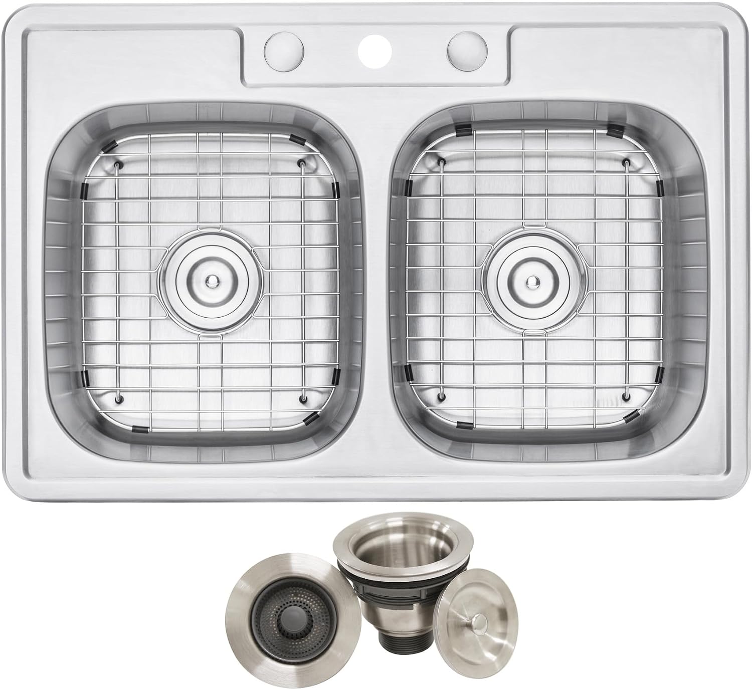 CozyBlock 33 x 22 x 9 Inch 50/50 Top-mount/Drop-in Stainless Steel Double Bowl Kitchen Sink with Strainer and Protective Bottom Grid - 18 Gauge Stainless Steel-3 Faucet Hole