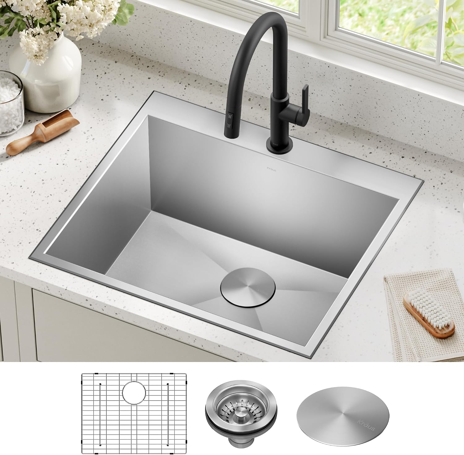 KRAUS Standart PRO 25-inch Drop-In Top Mount 16 Gauge Stainless Steel Single Bowl Laundry Utility Sink, KHT301-25L