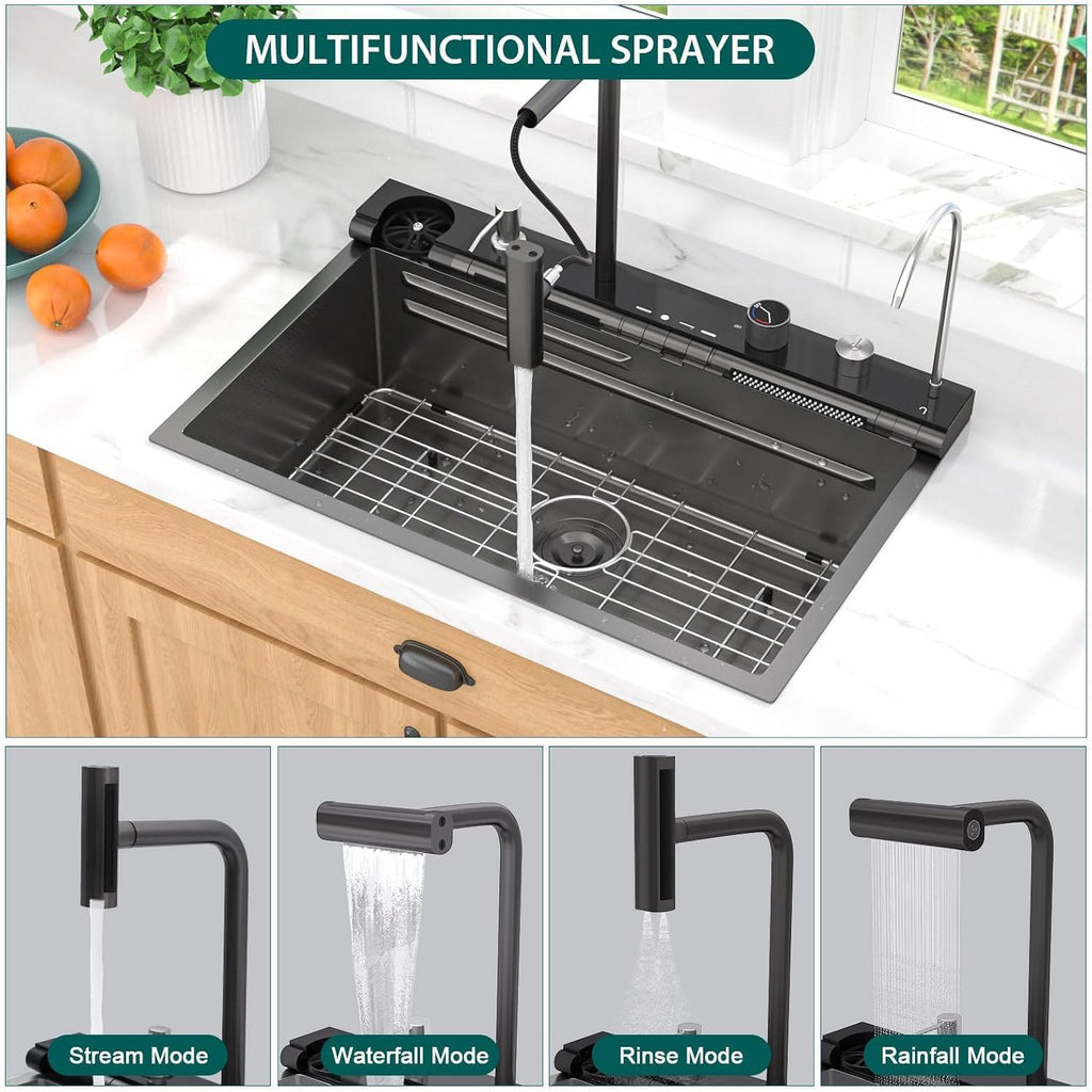 Smart Kitchen Sink - 30' Drop In Waterfall Single Bowl 16 Gauge 304 Stainless Steel Workstation Sink with Mechanical Control Panel & Pull-Down Faucet, Gunmetal Black for Decoration #TLWF-0012
