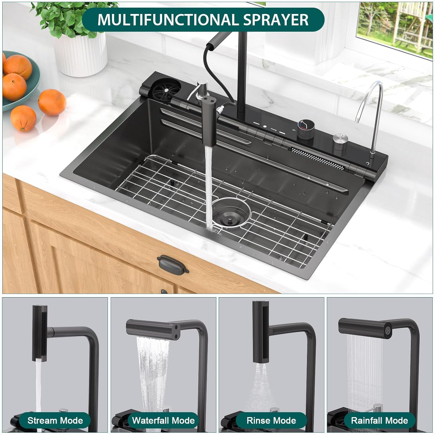 Smart Kitchen Sink - 30' Drop In Waterfall Single Bowl 16 Gauge 304 Stainless Steel Workstation Sink with Mechanical Control Panel & Pull-Down Faucet, Gunmetal Black for Decoration #TLWF-0012