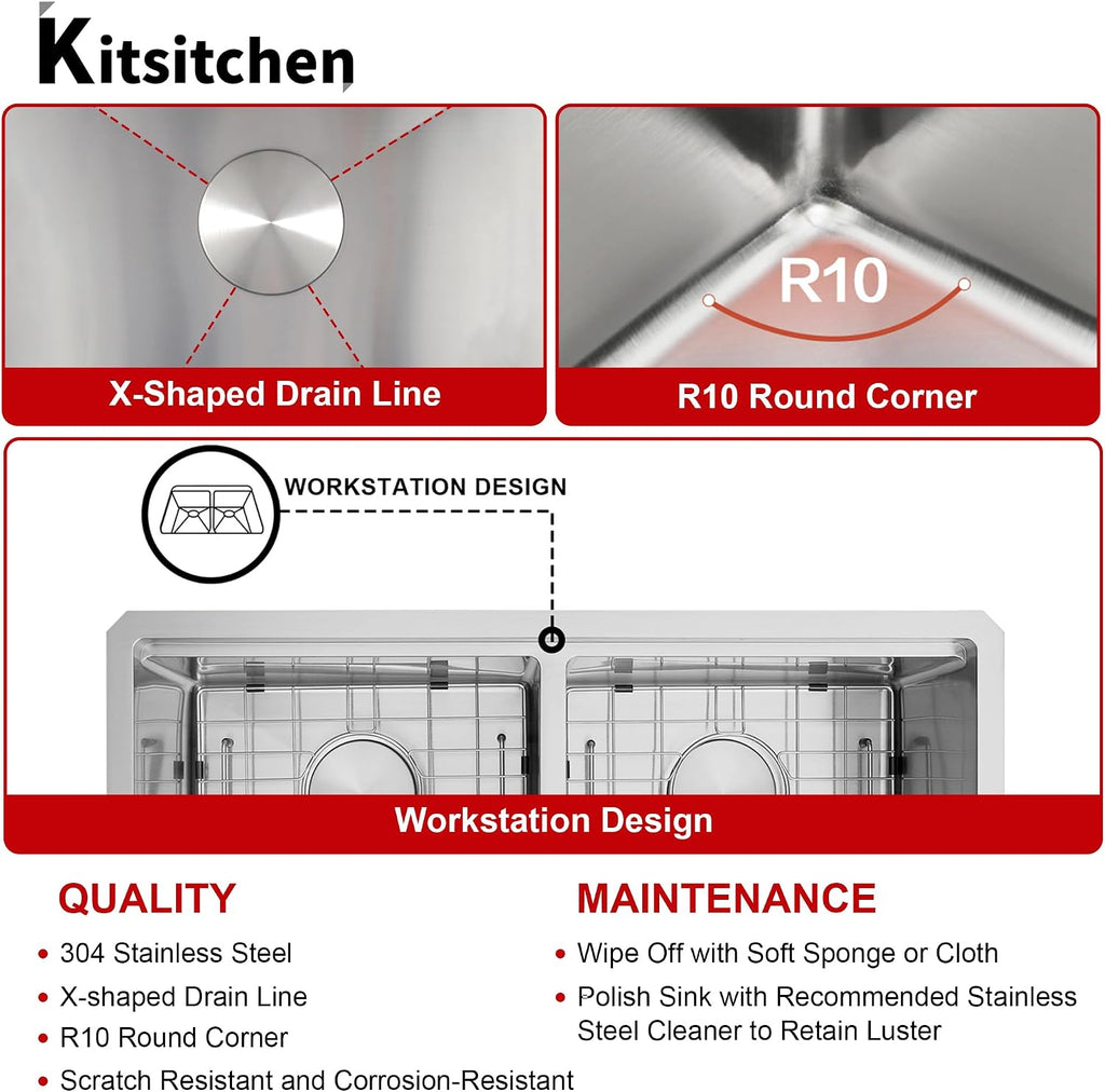 Kitsitchen Undermount Kitchen Sink, 16 Gauge 304S Stainless Steel Workstation Sink, 30' x 18' x 10' Large and Deep Handmade Double Bowl Kitchen Sinks with Accessories