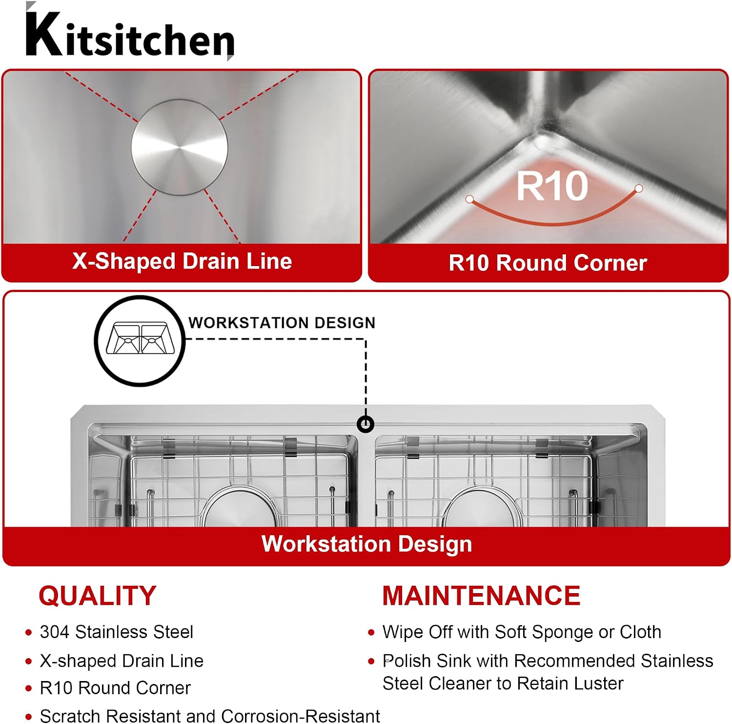 Kitsitchen Undermount Kitchen Sink, 16 Gauge 304S Stainless Steel Workstation Sink, 30' x 18' x 10' Large and Deep Handmade Double Bowl Kitchen Sinks with Accessories