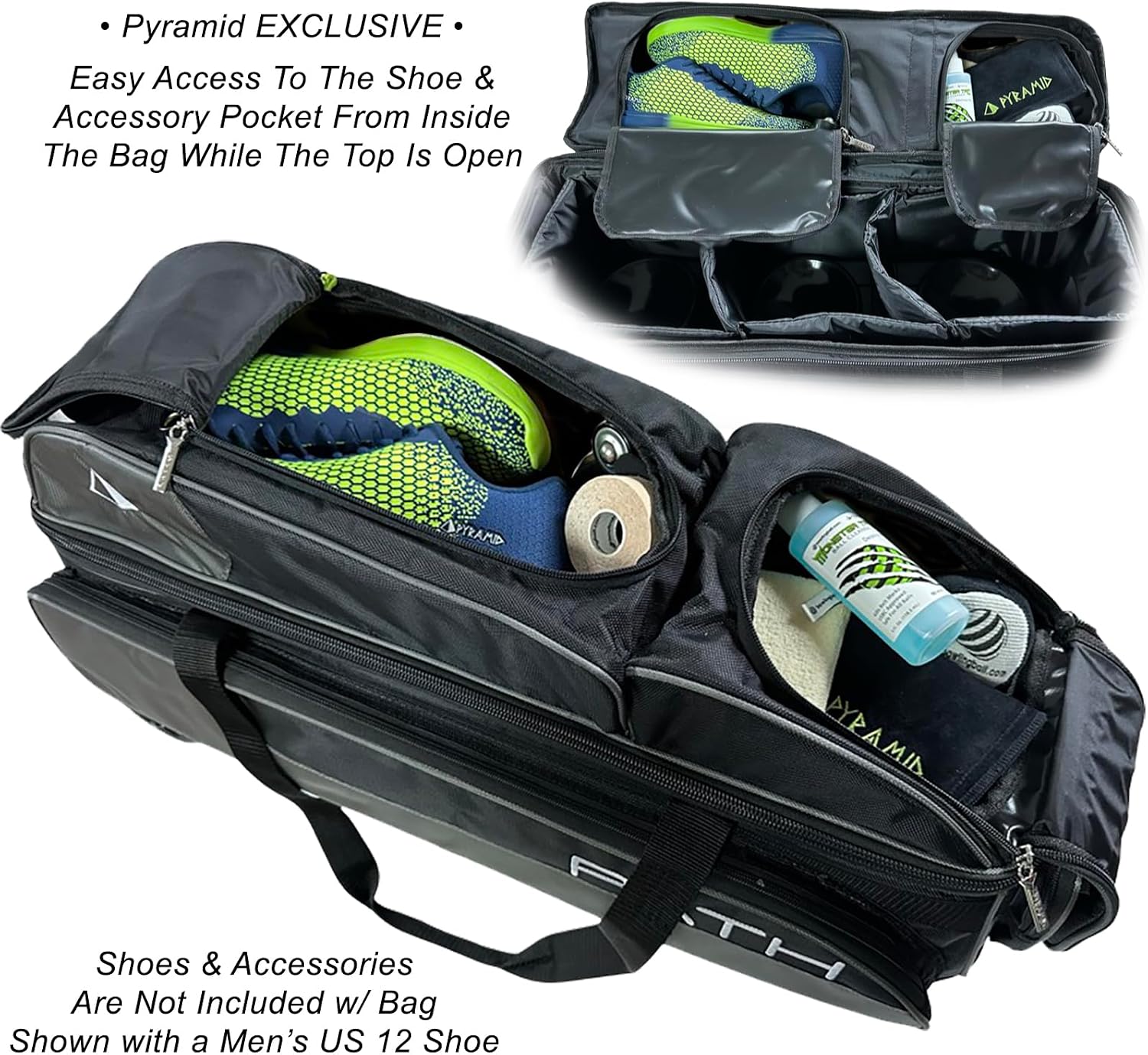 Pyramid Path Triple Premium Deluxe Roller Bowling Bag With Extra Large Separate Shoe Compartment (Up To US Mens Size 16) and 5 Accessory Pockets, 5' Wheels, Retractable Locking Handle - Extends to 42'