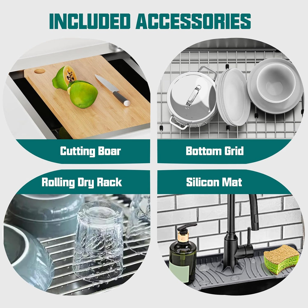 50/50 Double Bowl Kitchen Workstation Sink, 33'x22' Stainless Steel Drop In Kitchen Sink Easy To Multitasking With Cutting Board,Drying Rack,Silicon Mat,Stainless Grid And Drain Assembly
