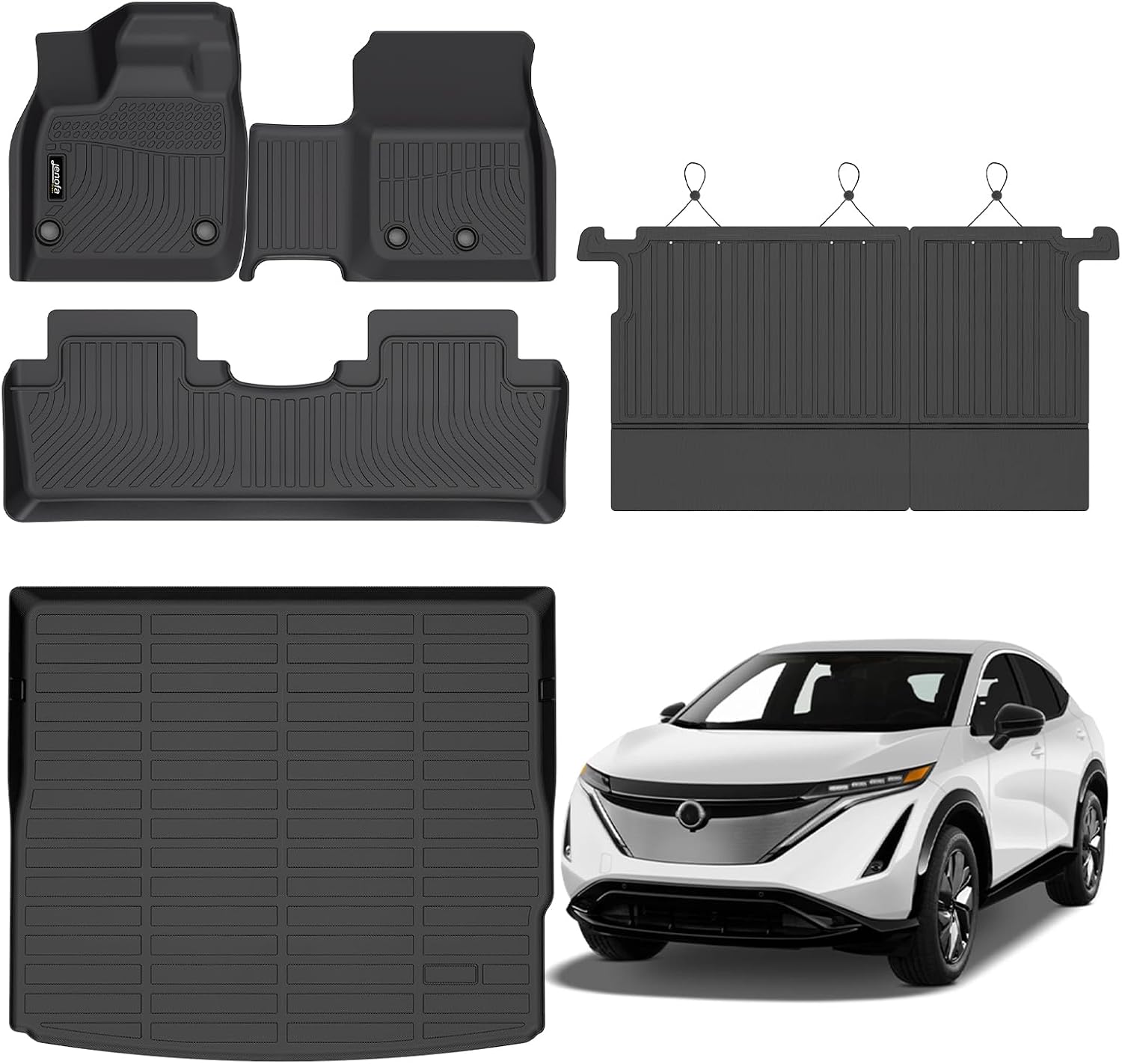 Jenofa-Floor Mats for Nissan Ariya 2023-2025 All Weather Mats Automotive Car Mat for Ariya Full Set Accessories (Floor Mats & Rear Seat Back Mats & Cargo Liner)