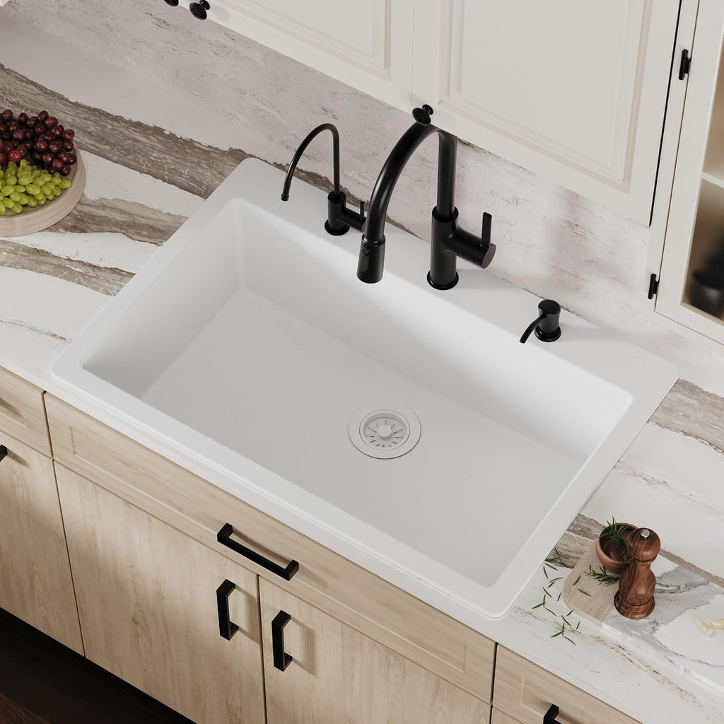 Karran 33' Drop-In Top Mount Quartz Composite Single Bowl Kitchen Sink in White – Extra Deep 9' Basin, Heat Resistant, Sound Dampening, Easy Clean Surface