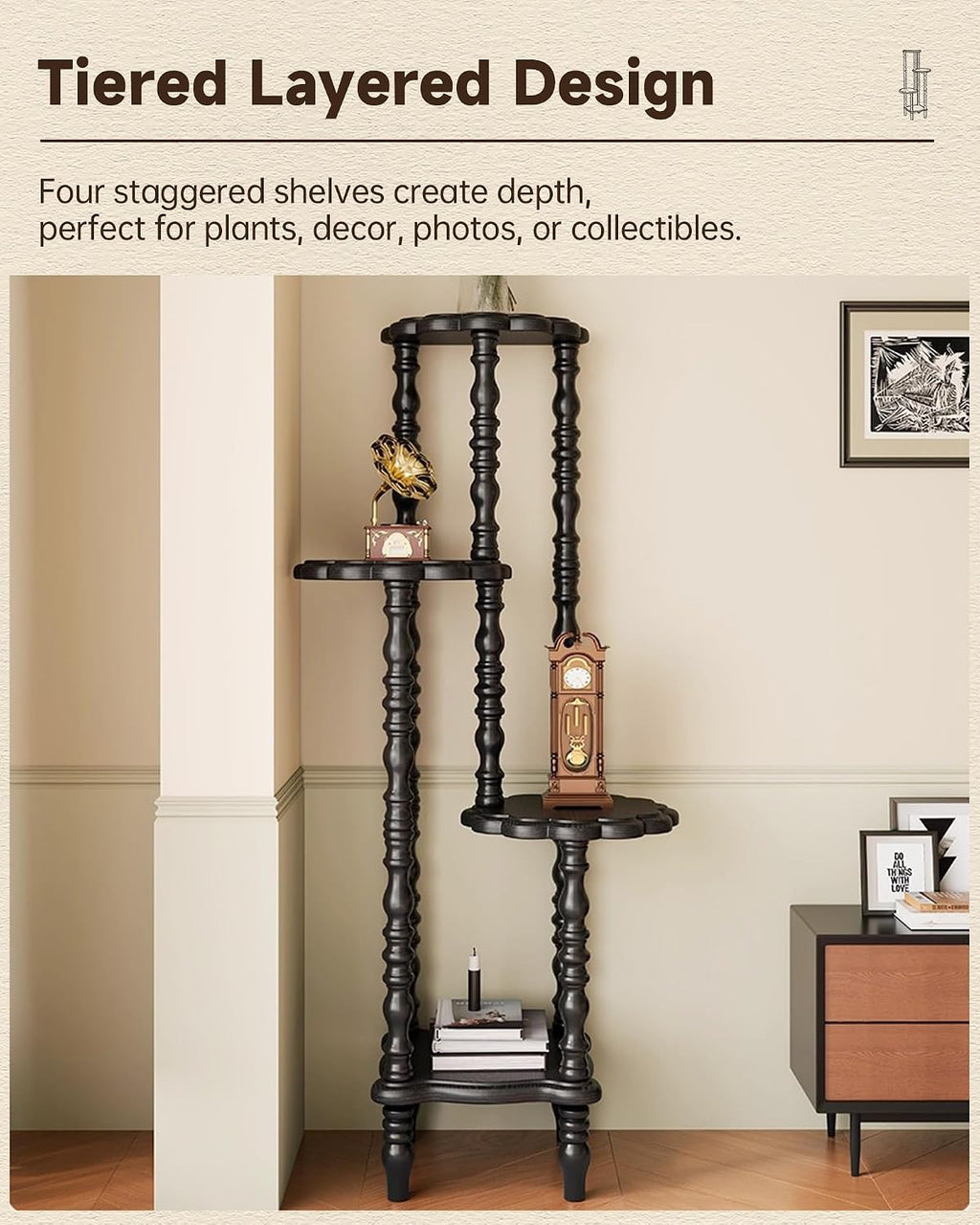 Vintage Corner Shelf 4-Tier, Solid Wood Display Shelf Mid Century, Unique Handcrafted Antique Display Rack, Freestanding Corner Bookshelf with Spindle Legs for Living Room Bedroom, Black