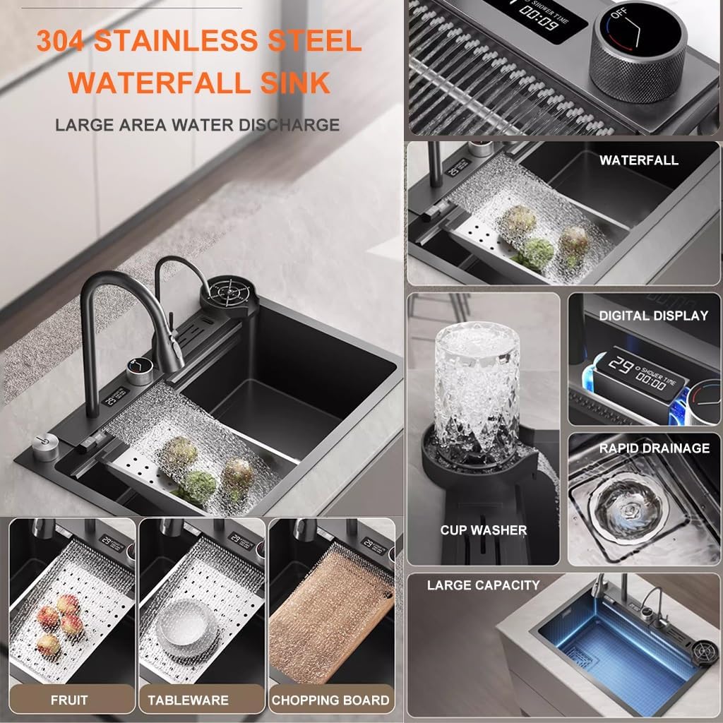 Generic Waterfall Workstation Sink Stainless Steel Single-Bowl Kitchen Sink with Multifunctional Digital Display Fly Rain Pull-Out Faucet & Full Set of Accessories (Color : Black, Size : 75x46x22cm)