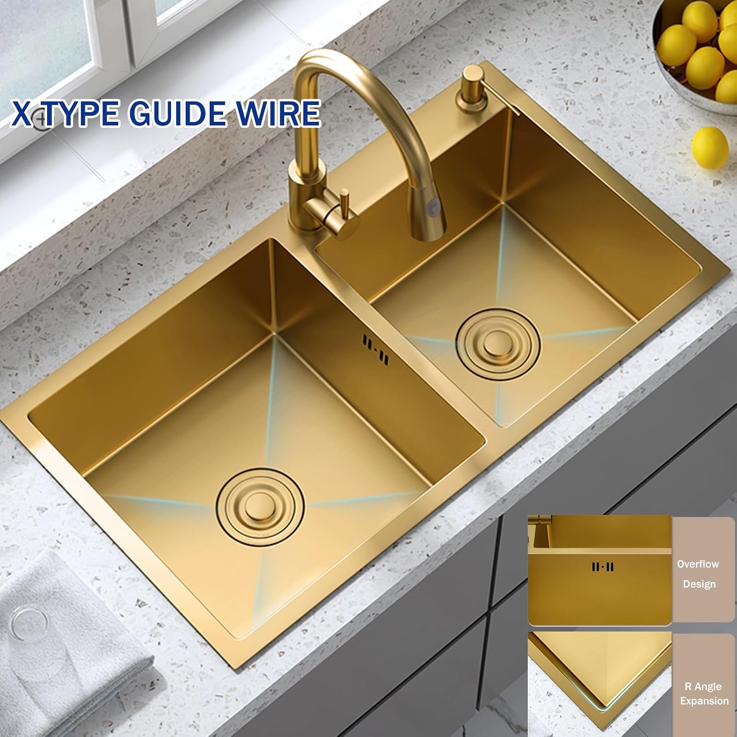 Gold Double Bowl Kitchen Sinks, with Faucet, 304 Stainless, Top Mount Kitchen Sink and Accessories, Undermount Vegetable Basin (Color : Gold D, Size : 82X45cm)
