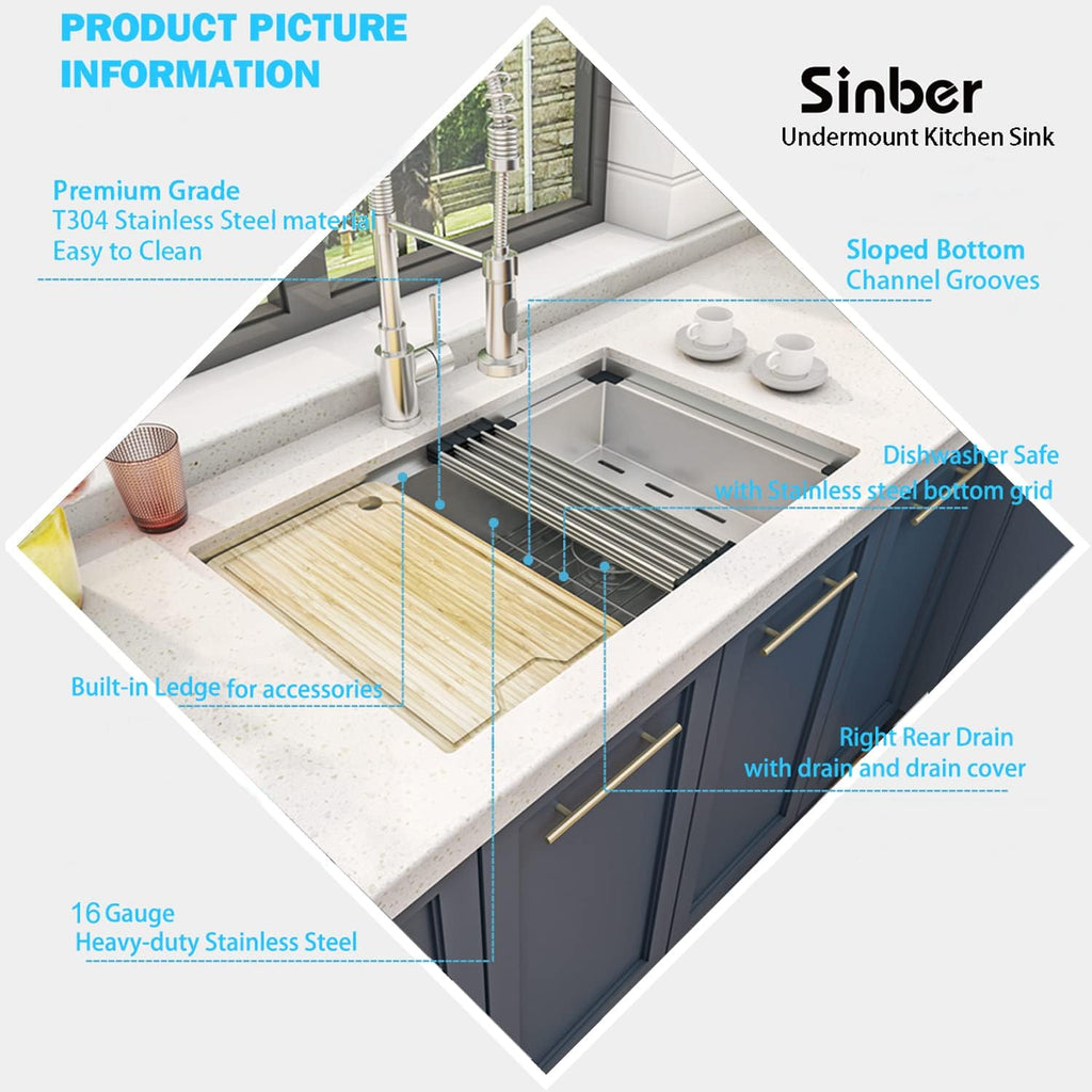 Sinber KSS0002S-OJ 30' x 19' x 10' Undermount Single Bowl Workstation Kitchen Sink with 16 Gauge 304 Stainless Steel Satin Finish 6 Accessories