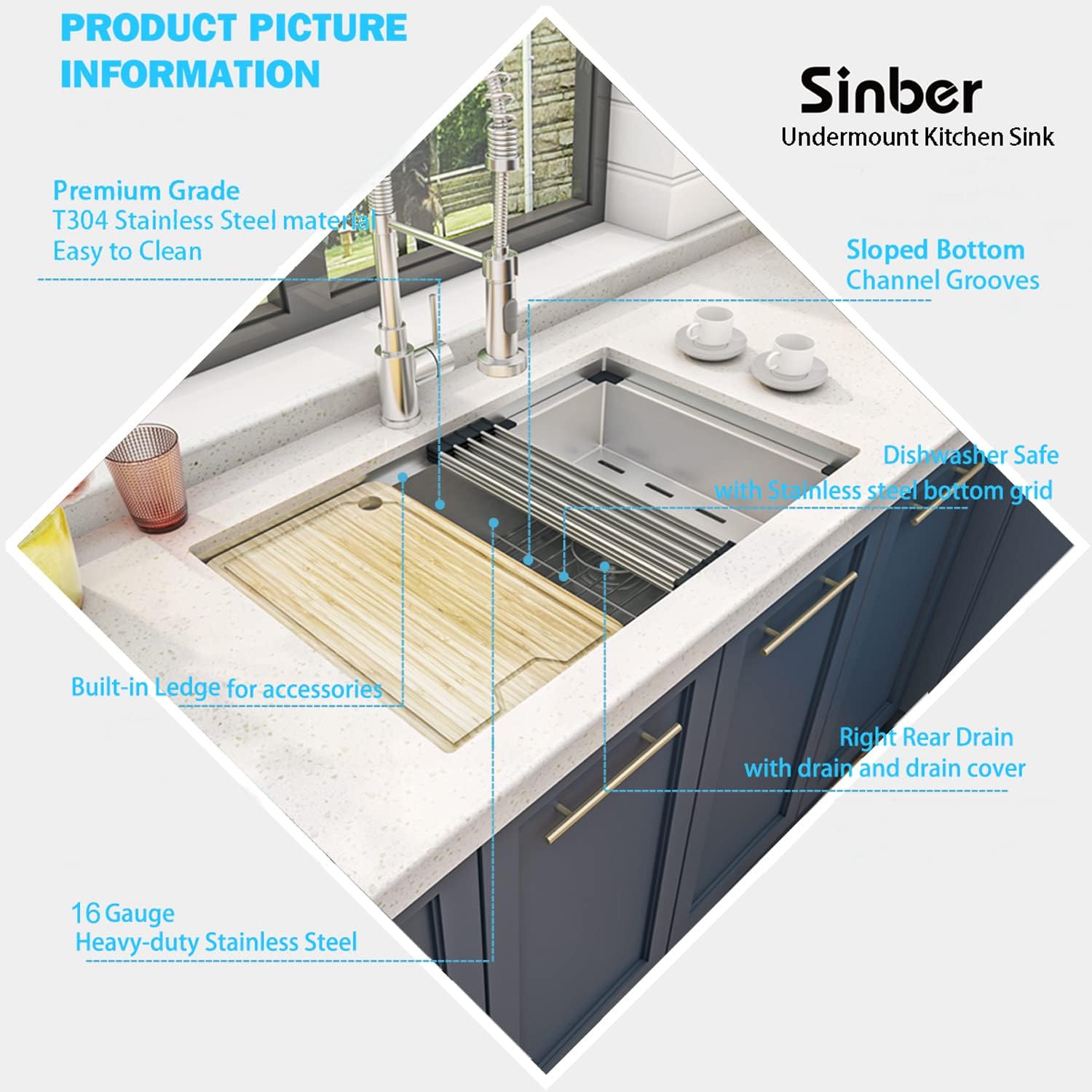 Sinber KSS0002S-OJ 30' x 19' x 10' Undermount Single Bowl Workstation Kitchen Sink with 16 Gauge 304 Stainless Steel Satin Finish 6 Accessories