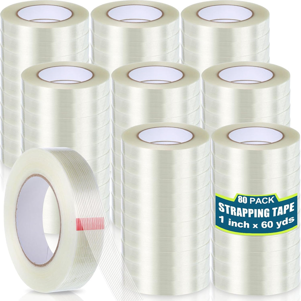 Treela 80 Rolls 1 Inch x 60 Yards Filament Strapping Tape Transparent Reinforced Fiberglass 5.5 Mil Heavy Duty Packing Shipping Tape for Sealing Binding Fixing