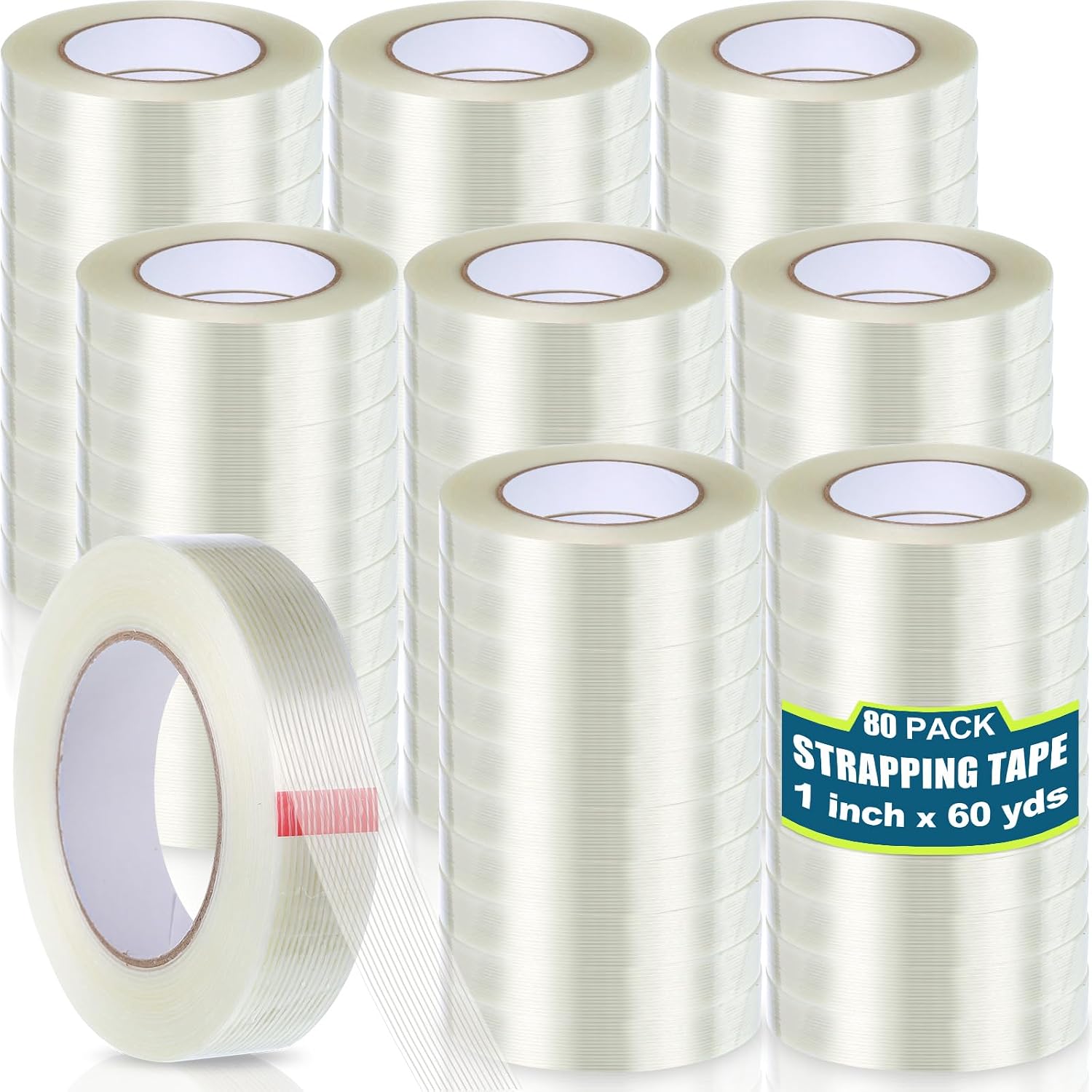 Treela 80 Rolls 1 Inch x 60 Yards Filament Strapping Tape Transparent Reinforced Fiberglass 5.5 Mil Heavy Duty Packing Shipping Tape for Sealing Binding Fixing