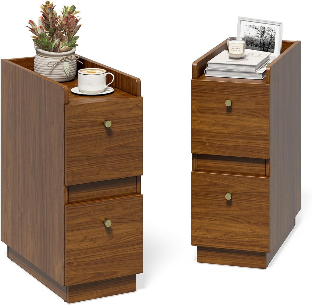 Narrow Night Stands, Modern Slim Nightstand Set of 2, Wooden Skinny Bedside Table 2 Drawers, Stackable Narrow Side Table with Drawers for Small Spaces, Bedroom, Living Room, Walnut Brown