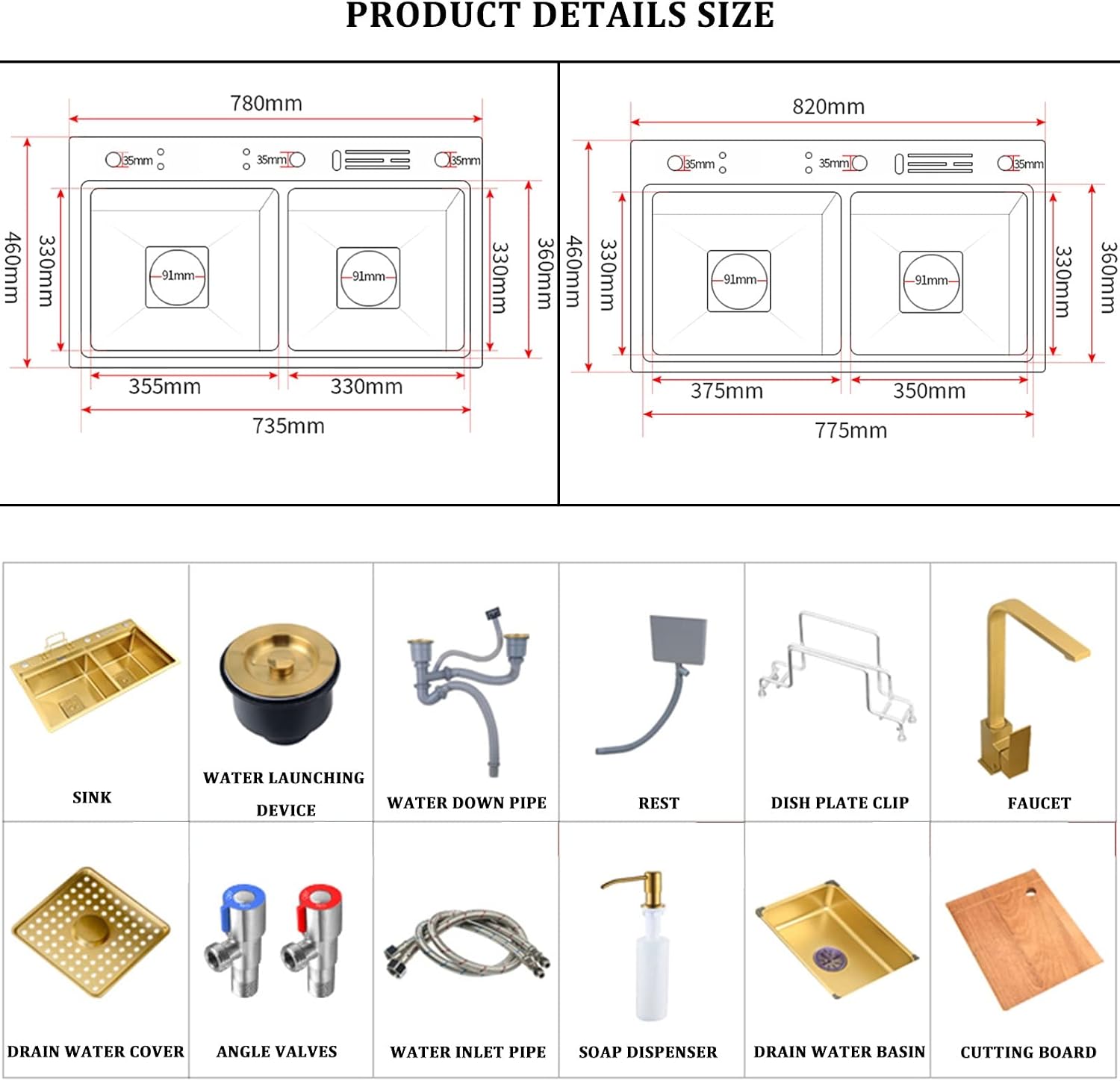 304 Stainless Steel Ro Kitchen Sink Gold Double Bowl Bar Prep Sink Multi-Purpose RV Sink with Faucet and Drain Assembly Drop in Or Under Mount (Color : Gold-b, Size : 82x46x24cm)