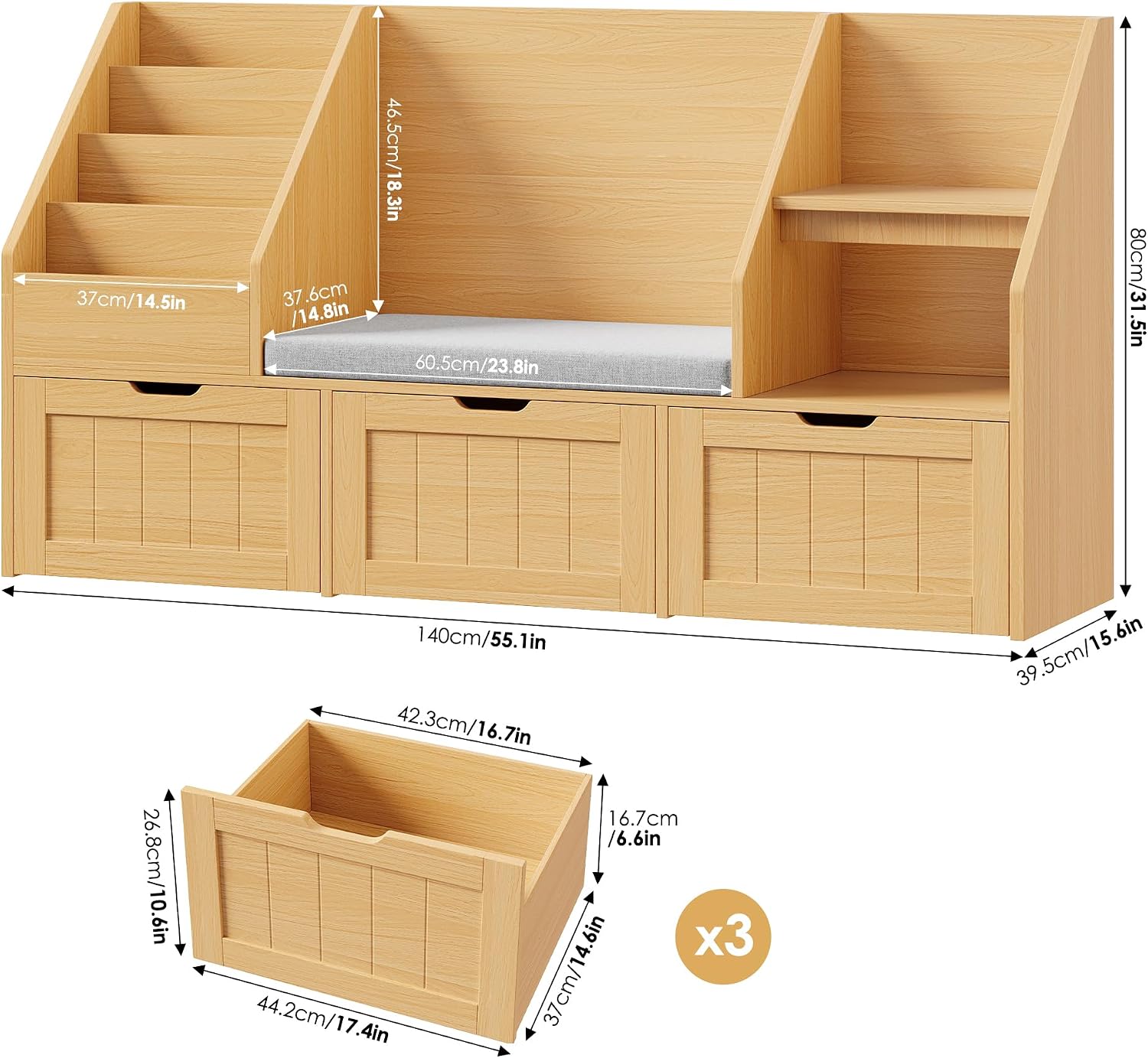 FOTOSOK 55.1'' Kids Bookshelf with Reading Nook, Toy Storage Organizer with Seat Cushion and 3 Movable Drawers, Kids Reading Nook Toy Organizers and Storage with Bench for Playroom, Bedroom, Natural