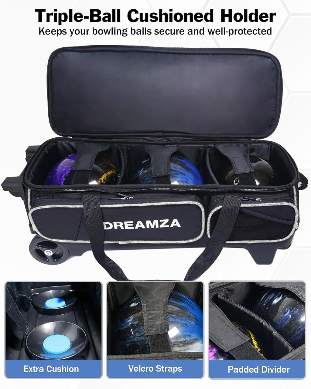 3 Ball Bowling Bags with Wheels & Shoe Pocket, Premium Bowling Ball Bag 3 Ball Roller, Effortless-Rolling 3 Ball Bowling Bag w/Multi-Storage Pockets & Telescopic Handle Extends to 40''