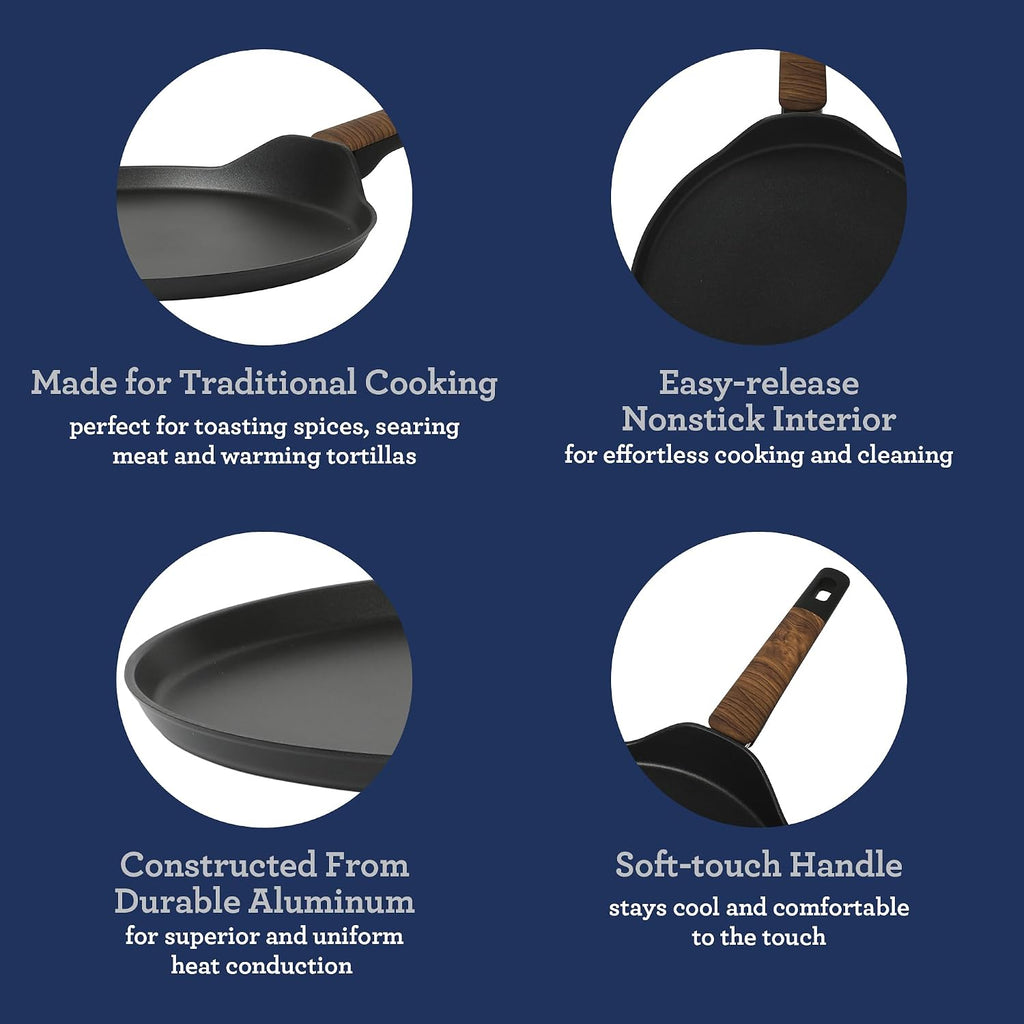 Oster Platinum Oxburg 11 Inch Frying Pan/Comal/Flat Pancake Pan Forged Aluminum PFA Free Non-toxic Premium Ceramic Non Stick Interior Skillet, Kitchen Egg Pan, Omelet Pan - Black w/Wood Handles