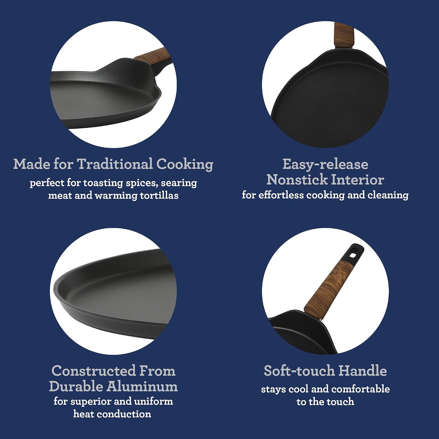 Oster Platinum Oxburg 11 Inch Frying Pan/Comal/Flat Pancake Pan Forged Aluminum PFA Free Non-toxic Premium Ceramic Non Stick Interior Skillet, Kitchen Egg Pan, Omelet Pan - Black w/Wood Handles
