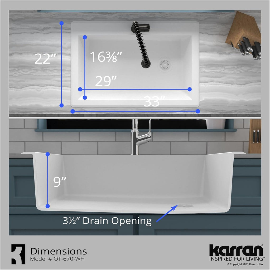 Karran QT-670 Drop-In/Top Mount 33' Single Bowl Granite Quartz Composite Kitchen Sink in Concrete, Right Side Drain, Extra Deep 9' Basin, Heat & Scratch Resistant, Sound Dampening