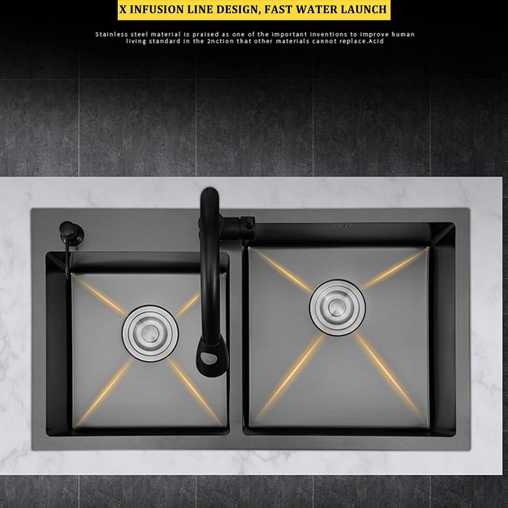 Black Double Bowl Kitchen Bar Sink 304 Stainless Steel Square Bar & Prep Sink RV Sink with Downpipe and Drain Top Mount Or Undermount (Color : Black, Size : 75x42x22cm)