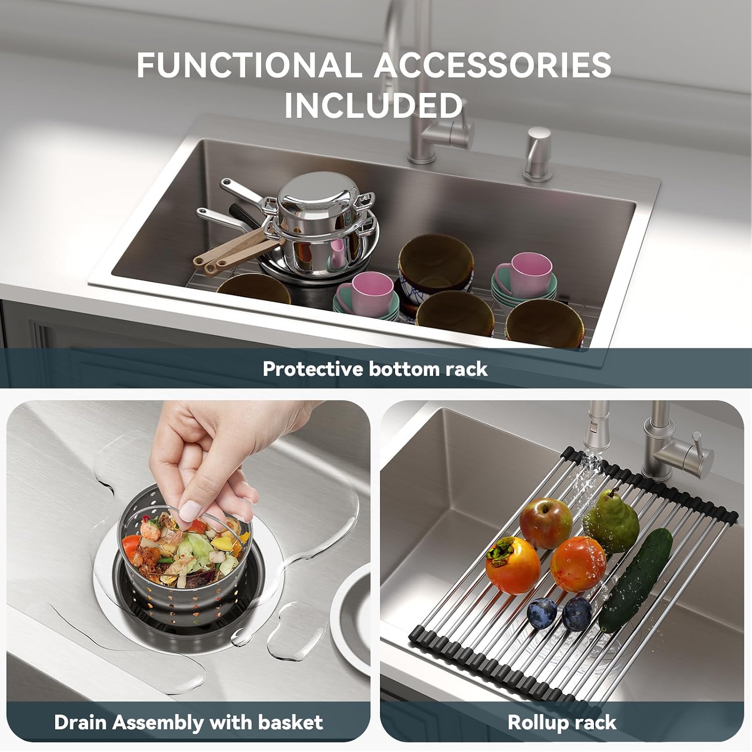 Lordear 33 Inch Drop In Kitchen Sink 33x22 Stainless Steel Topmount Sinks 16 Gauge T304 Single Bowl Kitchen Sink With 3mm Thickened Plate Round Corners