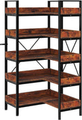 GarveeLife 5-Tier Corner Bookshelf, L-Shaped Reversible Bookshelf, 65' Industrial Wooden Bookcase with Open Shelves, Metal Frame Shelf with Adjustable Feet, Corner Storage Rack for Home Office