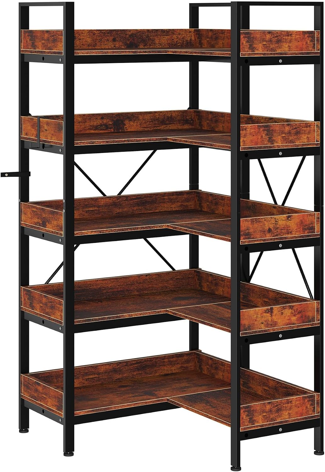 GarveeLife 5-Tier Corner Bookshelf, L-Shaped Reversible Bookshelf, 65' Industrial Wooden Bookcase with Open Shelves, Metal Frame Shelf with Adjustable Feet, Corner Storage Rack for Home Office