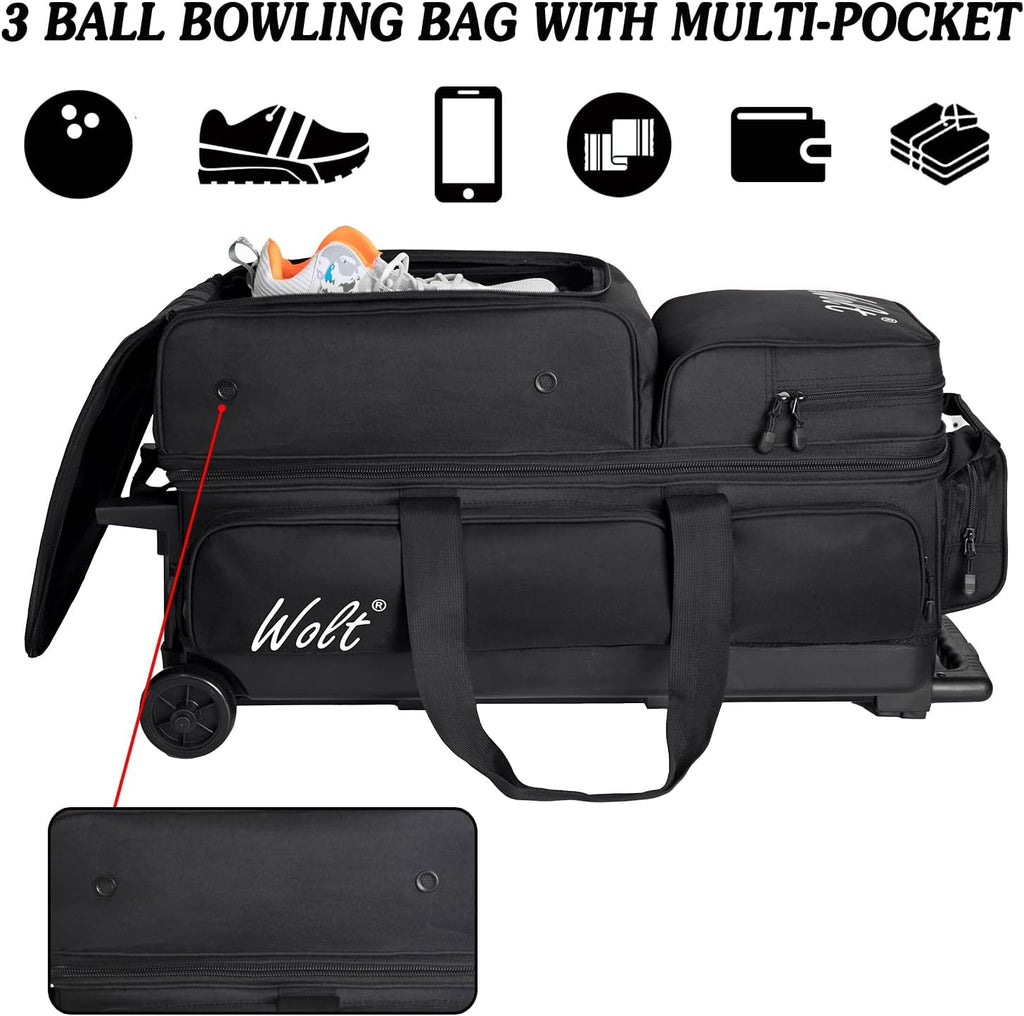 WOLT 3 Ball Bowling Bags with Wheels,Bowling Ball Bag 3 Ball Roller with Separate Shoe Compartment and Accessory Pocket, Retractable Handle Extends to 38''
