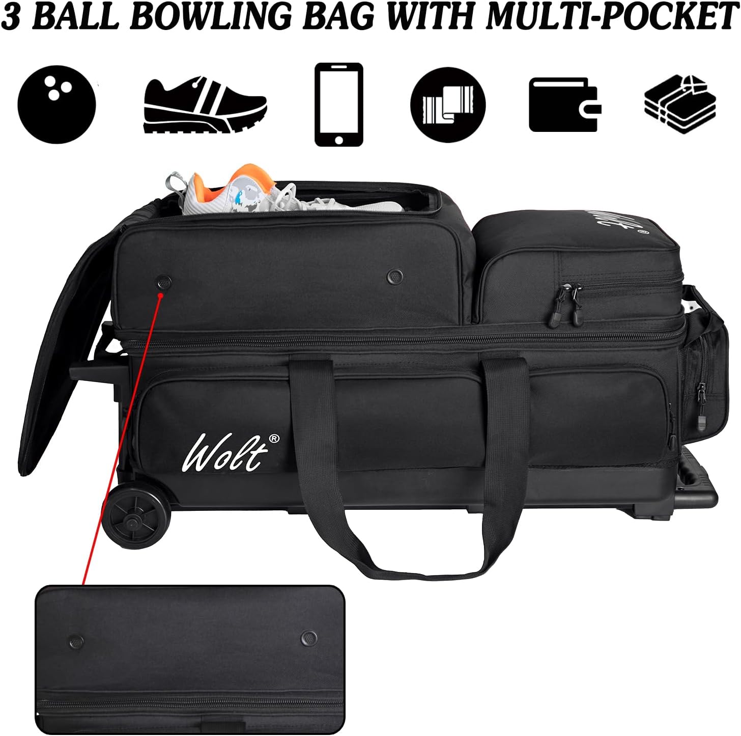 WOLT 3 Ball Bowling Bags with Wheels,Bowling Ball Bag 3 Ball Roller with Separate Shoe Compartment and Accessory Pocket, Retractable Handle Extends to 38''