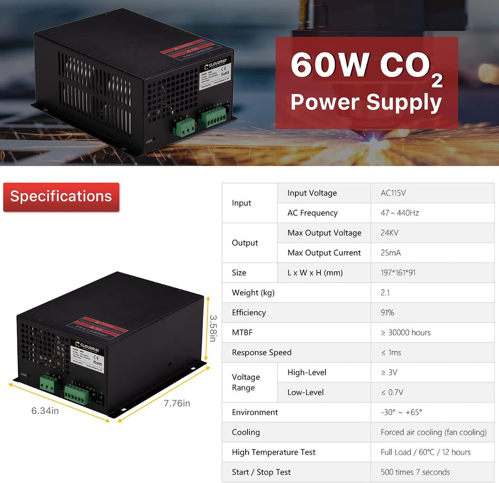 Cloudray 60W Co2 Laser Power Supply 110V for CO2 Laser Tubes Laser Engraver Cutter Engraving Machine MYJG-60W